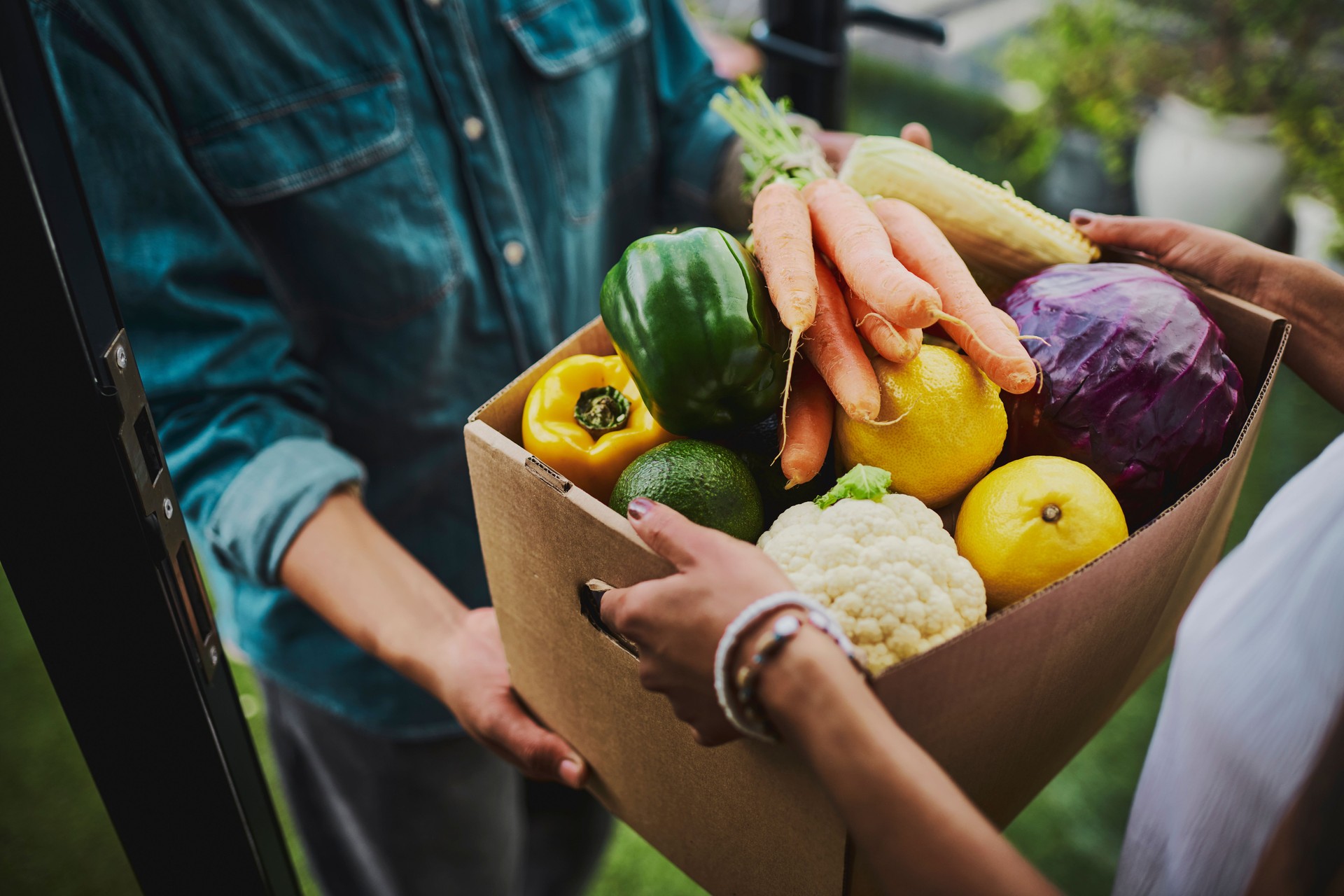 Delivery person handing a box of fresh fruit and vegetables to a customer at the door